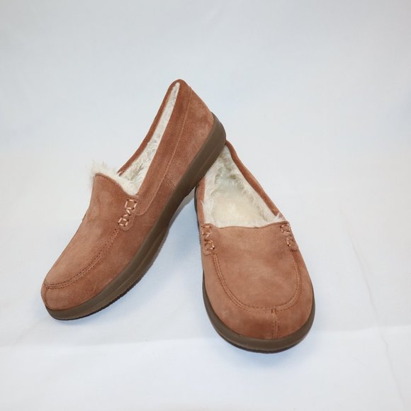 Vionic Lynez Tan Suede Faux Fur Slip On Slippers Moccasin Flats Women's Size 8 - Picture 1 of 7